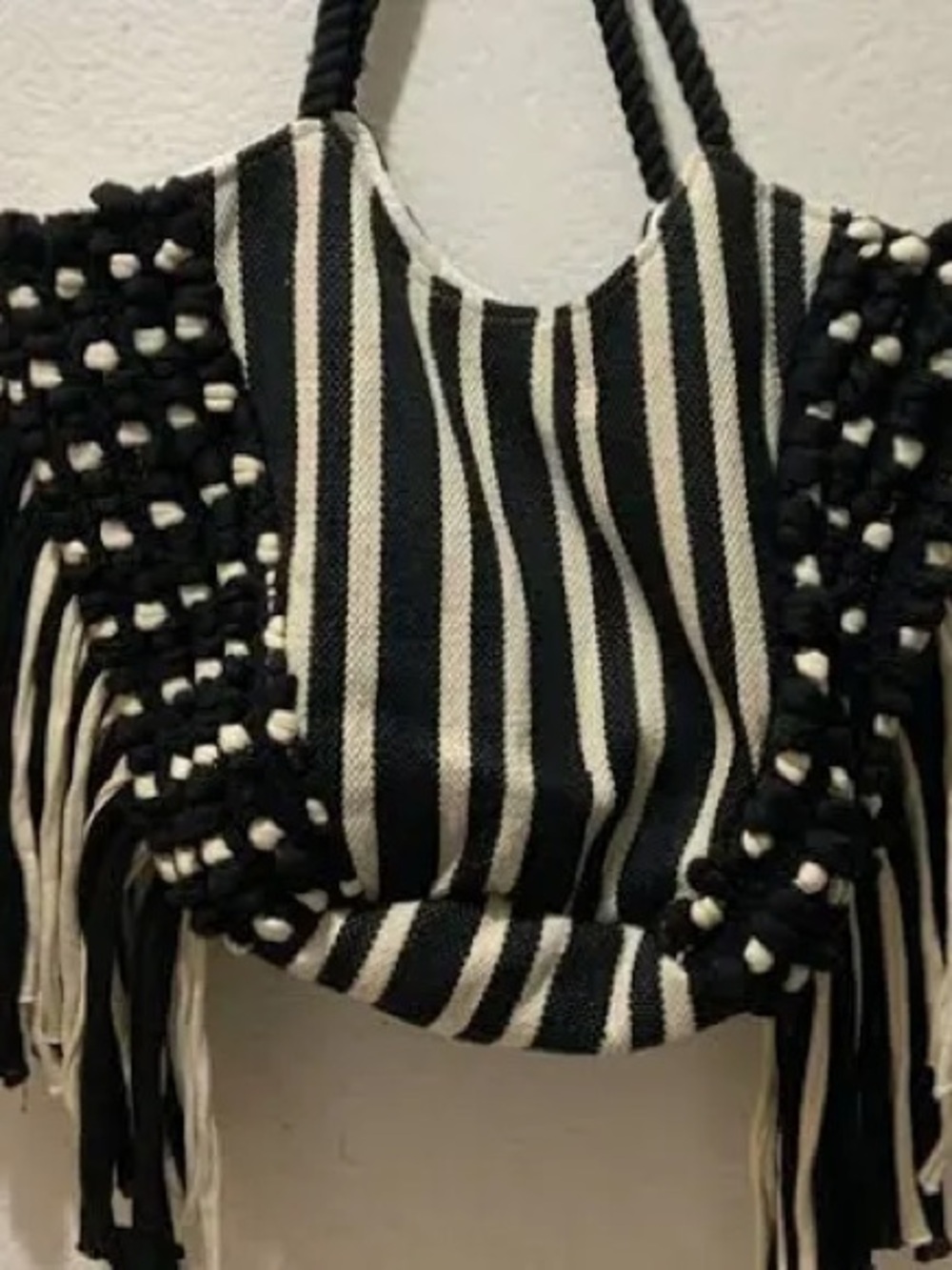 Black & White Striped Fringe Tote Bag - Picture 5 of 7
